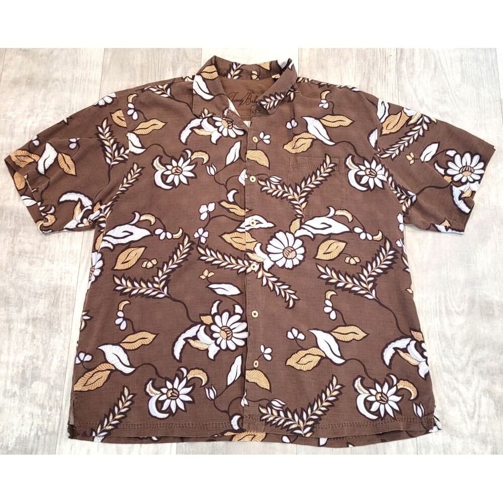 Tommy Bahama 100% Silk 2XL Brown Tan Floral Camp Shirt Short Sleeve Tropical